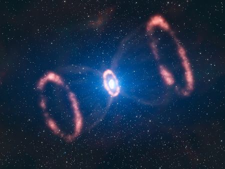 Hier ist das Material im inneren Kern der Supernova 1987a zu sehen. Die beiden großen Ringe rechts und links im Bild sind Wölkchen, die der Stern sehr lange vor der Explosion ausgestoßen hat.