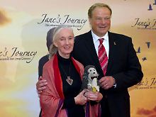 Jane Goodall bei der Filmpremiere in Berlin - mit Entwicklungshilfeminister Dirk Niebel und Mister H, ihrem ständigen Begleiter.