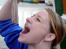 Beim Matjes-Fest am Museumshafen von Emden werden ausschließlich tote Fische verschluckt.