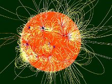 Die Illustration zeigt, wie die Magnetfeldlinien auf der Sonne aussehen könnten. 