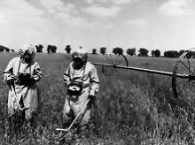Spezialeinheiten messen auf einem Feld innerhalb der Sicherheitszone von Tschernobyl die Radioaktivität (im Mai 1986 - rund einen Monat nach der Katastrophe).