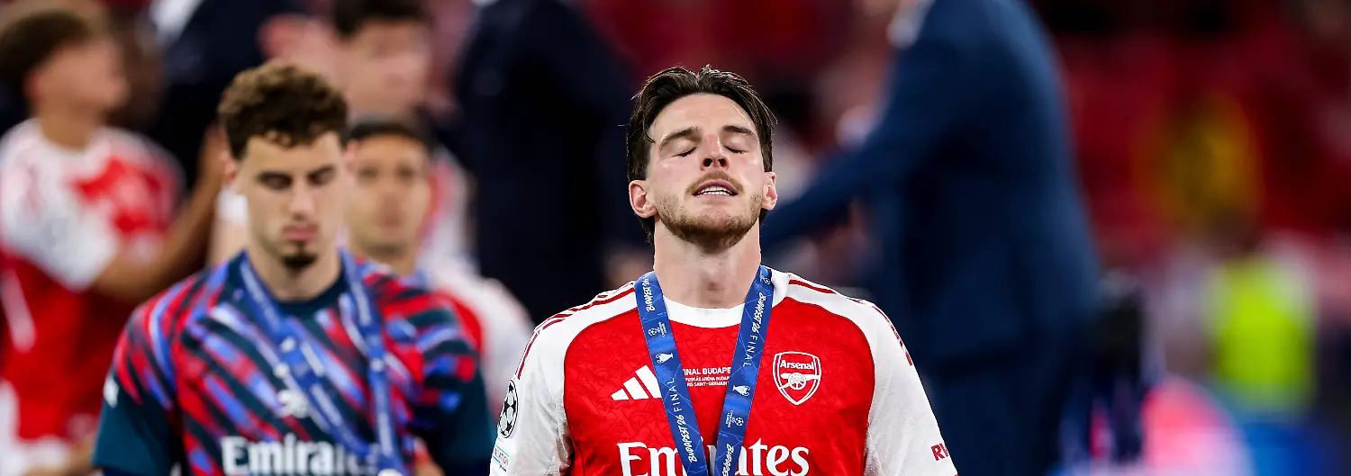BUDAPEST-HUNGARY-MAY-30-Declan-Rice-of-Arsenal-looks-dejected-after-the-UEFA-Champions-League-2026-Final-between-Paris-Saint-Germain-and-Arsenal-FC-at-Puskas-Arena-on-May-30-2026-in-Budapest-Hungary