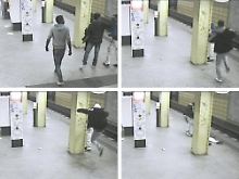 Die Bildkombo mit Aufnahmen einer Überwachungskamera im U-Bahnhof in Berlin-Lichtenberg vom 11.02.2011 zeigt mutmaßliche Schläger, die einen Mann (r, weiße Hose) verfolgen und auf ihn einschlagen.