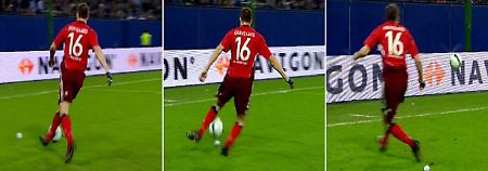 Hier die Szene, in der der Hamburgs Michael Gravgaard den Ball zu seinem Torwart spielen will. Was nicht klappt, weil der Ball verspringt - wegen der Papierkugel.