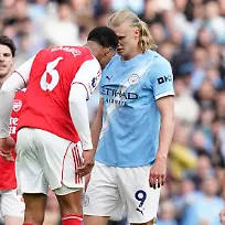 Manchester-England-19th-April-2026-Gabriel-of-Arsenal-and-Erling-Haaland-of-Manchester-City-clash-during-the-Manchester-City-vs-Arsenal-Premier-League-match-at-the-Etihad-Stadium-Manchester-Picture-credit-should-read-Andrew-Yates-Sportimage-EDITORIAL-USE-ONLY-No-use-with-unauthorised-audio-video-data-fixture-lists-club-league-logos-or-live-services-Online-in-match-use-limited-to-120-images-no-video-emulation-No-use-in-betting-games-or-single-club-league-player-publications