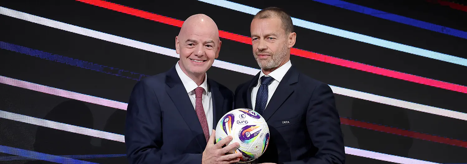 250403-BELGRADE-April-3-2025-Xinhua-FIFA-President-Gianni-Infantino-L-and-UEFA-president-Aleksander-Ceferin-pose-for-photos-during-the-49th-UEFA-ordinary-Congress-at-the-Sava-Center-in-Belgrade-Serbia-April-3-2025