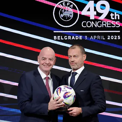 250403-BELGRADE-April-3-2025-Xinhua-FIFA-President-Gianni-Infantino-L-and-UEFA-president-Aleksander-Ceferin-pose-for-photos-during-the-49th-UEFA-ordinary-Congress-at-the-Sava-Center-in-Belgrade-Serbia-April-3-2025