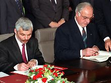 Bundeskanzler Helmut Kohl und Polens Ministerpräsident Jan Krzysztof Bielecki bei der Unterzeichung des deutsch-polnischen Nachbarschaftsvertrags am 17. Juni 1991. Der Vertrag schrieb unter anderem die Unantastbarkeit der Grenzen fest.