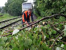 Ein Arbeiter räumt im Kreis Emmendingen das Gleis der Elztalbahn von einem umgestürzten Baum. Die Bahnstrecke war über eine Stunde blockiert.
