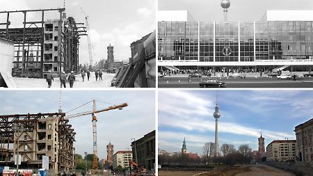 Der Palast der Republik in Berlin während des Aufbaus etwa im Jahre 1974 ( l.o.), zur Eröffnung des Hauses 1976 (r.o.), während der Abrissarbeiten 2007 (l.u.) und nach den Abrissarbeiten im Februar 2009. 