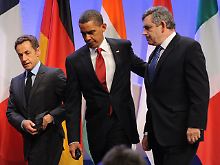 In einer gemeinsamen Erklärung verurteilten Frankreichs Präsident Sarkozy, US-Präsident Obama und Großbritanniens Premierminister Brwon (von links) Teheran.