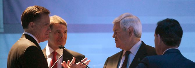 Die Riege der Bewerber, von links nach rechts: Mitt Romney,  Rick Perry, Newt Gingrich und Rick Santorum 