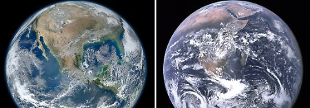 Die Kombo mit zwei von der Nasa veröffentlichten Fotos zeigt die Erde aus dem Weltall: "Die blaue Murmel 2012" (l) und das Foto "Blaue Murmel" aus ähnlicher Perspektive, das 1972 (r) aufgenommen wurde.
