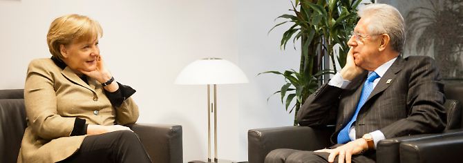 Deutsch-italienische Feinabstimmung in der Sitzgruppe: Angela Merkel und Mario Monti.