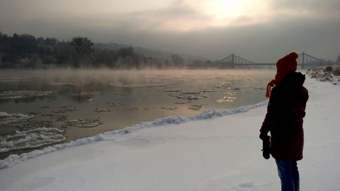 Morgenstunden auf den verschneiten Elbwiesen in Dresden.