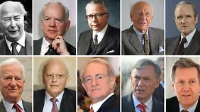 Die bisherigen Bundespräsidenten (l-r) Heuss (1949-1959), Lübke (1959-1969), Heinemann (1969-1974), Scheel (1974-1979), Carstens (1979-1984), von Weizsäcker (1984-1994), Herzog (1994-1999), Rau (1999-2004), Köhler (2004-2010), Wulff (2010-2012)
