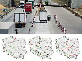 Die polnische Ost-West-Autobahn A2 nach Warschau wird bis zur EM nicht fertig, soll aber trotzdem freigegeben werden. Die Karten zeigen den Ausbau des Autobahn- und Schnellstraßennetzes von Ende 2006 über Ende 2009 bis Anfang 2012.