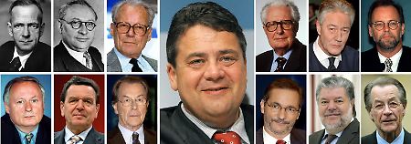 Der bisherige Umweltminister Sigmar Gabriel (M) wird  neuer SPD-Chef. Der An der Spitze der Partei standen seit 1946 als Vorsitzende: (oben, l-r) Kurt Schumacher (05/1946 - 08/1952), Erich Ollenhauer (09/1952 - 12/1963), Willy Brandt (02/1964 - 06/1987), Hans-Jochen Vogel (06/1987 - 05/1991), Björn Engholm (05/1991 - 05/1993), Rudolf Scharping (06/1993 - 11/1995), (unten l-r) Oskar Lafontaine (11/1995 - 03/1999), Gerhard Schröder (04/1999 - 03/2004), Franz Müntefering (03/2004 - 11/2005), Matthias Platzeck (11/2005 - 04/2006), Kurt Beck (05/2006 - 09/2008) und erneut Franz Müntefering (seit 10/2008).