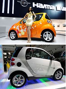 Designklau am laufenden Band. Original oder Fälschung? Oben der China-Smart von Haima Me Car, unten das Original von Daimler.