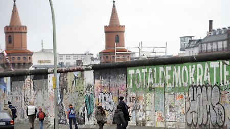 An der East Side Gallery, im Hintergrund die Türme der Oberbaumbrücke. Die Mauer an der Mühlenstraße wurde Anfang 1990 von etwa 118 Künstlern aus aller Welt bemalt.