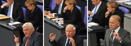 Steinmeier, Lafontaine und Trittin antworten auf Merkels Regierungserklärung.