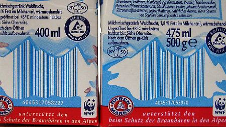 Versteckte Preiserhöhung (19%) bei "Bärenmarke
Milchmischgetränk Waldfrucht", von der Allgäuer Alpenmilch
GmbH: Weniger drin zum gleichen Preis!