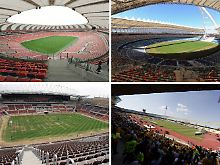 Die WM-Stadien Nelson Mandela Bay Stadion in Port Elizabeth, Moses Mabhida Stadion in Durban, Peter Mobaka Stadion in Polokwane und Royal Bafokeng Stadion in Rustenberg (von oben links).