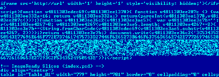 Beispiel für den Quellecode einer mit Trojan-Clicker.JS.Agent.h infizierten Webseite.
