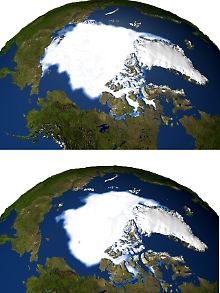 "Fingerabdrücke des Klimawandels": Die Kombination der Satellitenaufnahmen von September 1979 (oben) und September 2005 zeigt das Schmelzen der Eisfläche am Nordpol. 