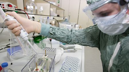 Ein Mitarbeiter von GlaxoSmithKline in Dresden in einem Labor bei der Bestimmung des Proteinmusters des Virus.