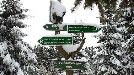 Auch die Schilder tragen Schneemützen - der "Schönwappenweg" führt Schneeschuhwanderer zur Kurfürstenstein-Hütte.