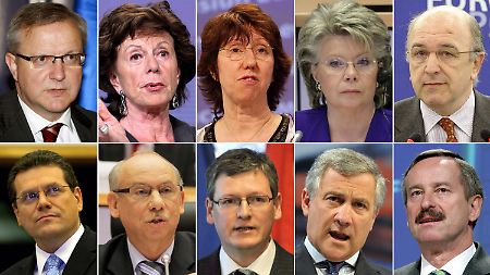 Einige der Kommissare (von links oben nach rechts unten):  Rehn (Wirtschaft, Finanzen),  Kroes (Digitalwirtschaft), Ashton ("Außenministerin"), Reding (Justiz), Almunia (Wettbewerb), Sefcovic (Beziehungen zwischen EU-Institutionen und Verwaltung), Lewandowski (Haushalt), Andor (Arbeit und Soziales), Tajani (Industrie), Kallas (Transport).