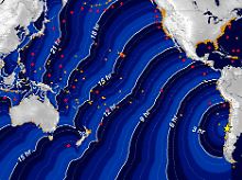 Diese Grafik zeigt die Ausbreitung des Tsunamis nach dem Chile-Beben. 