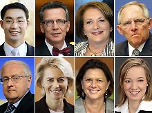 Das Gremium: Gesundheitsminister Rösler, (obere Reihe l-r), de Maizière (Innen/CDU), Leutheusser-Schnarrenberger (Justiz/FDP), Schäuble (Finanzen/CDU), (unten l-r) Brüderle (Wirtschaft/FDP), von der Leyen (Arbeit/CDU), Aigner (Verbraucher/CSU), und Schröder (Familie/CDU).
