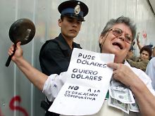 Mit einem Plakat mit der Aufschrift "Ich habe Dollar eingezahlt, ich will Dollar wiederhaben"
protestiert eine Frau im Februar 2002 vor der Citibank in Buenos Aires.