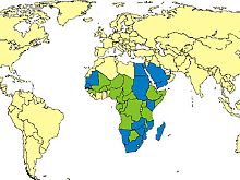 Das Rifftal-Fieber ist besonders in Südafrika verbreitet. (blau: Endemiegebiete, grün: sporadisches Auftreten)