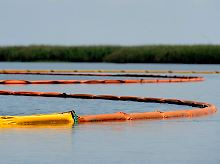 Schwimmende Barrieren sollen verhindern, dass das Öl das Marschland erreicht. Mit einer Kuppel will BP das Bohrloch abdichten.