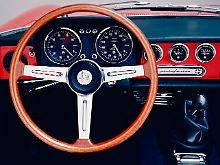 Klassisch schön: Das Cockpit eines frühen Alfa Romeo Spider mit Holzlenkrad, Rundinstrumenten und viel lackiertem Blech.