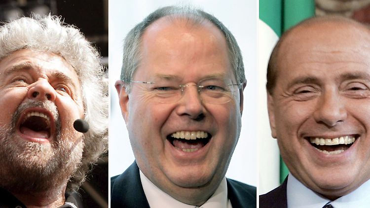Sie können schon wieder lachen: Grillo, Steinbrück und Berlusconi.
