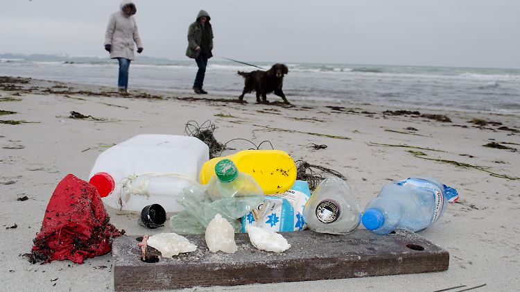 Gesammelter Strandmüll am Ostseestrand zwischen Juliusruh und Glowe auf der Insel Rügen.