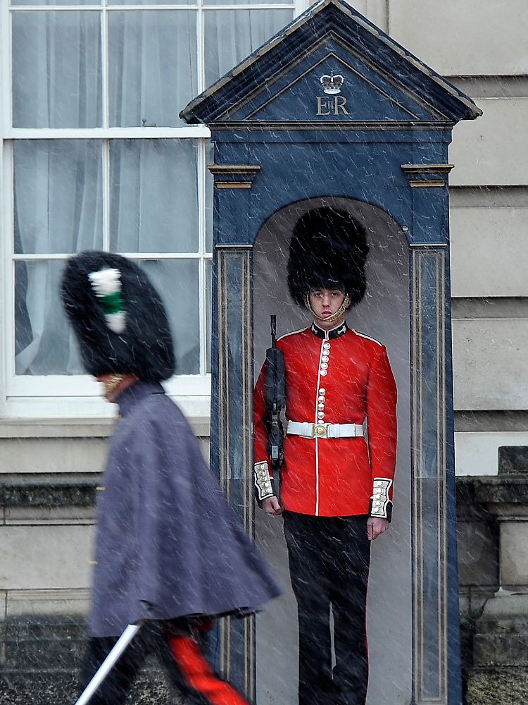 Sie müssen bei jedem Wetter ihre Pflicht tun: Wachen vor dem Buckingham-Palast.