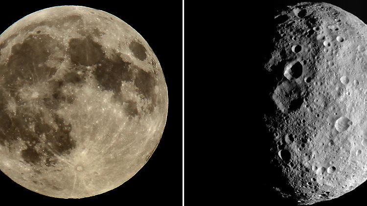 Vollmond und Blick auf den Nordpol des Asteroiden Vesta, aufgenommen von der Nasa-Raumsonde "Dawn".