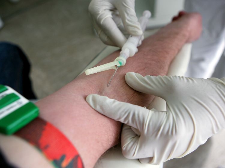 In Deutschland lieber zum Arzt: Eine Arzthelferin nimmt in einer AIDS-Beratungsstelle in Hamburg einem Patienten Blut für einen HIV-Test ab.