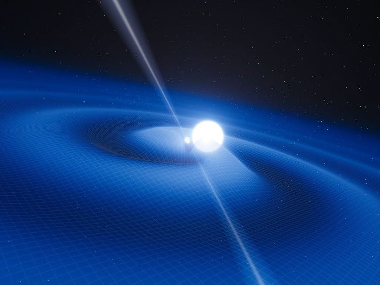 Computerbild der Eso von PSR J0348+0432: Der Pulsar dreht sich in jeder Sekunde 25 Mal um die eigene Achse. Um ihn herum kreist alle zweieinhalb Stunden ein sogenannter Weißer Zwerg - ein verdichteter Stern am Ende seiner Lebensdauer.