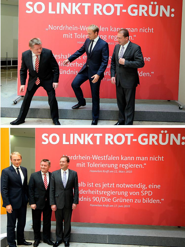 Zusammen gegen SPD und Grüne: Die Generalsekretäre Gröhe (CDU), Lindner (FDP) und Dobrindt (CSU) beim ersten gemeinsamen Auftritt im Konrad-Adenauer-Haus.