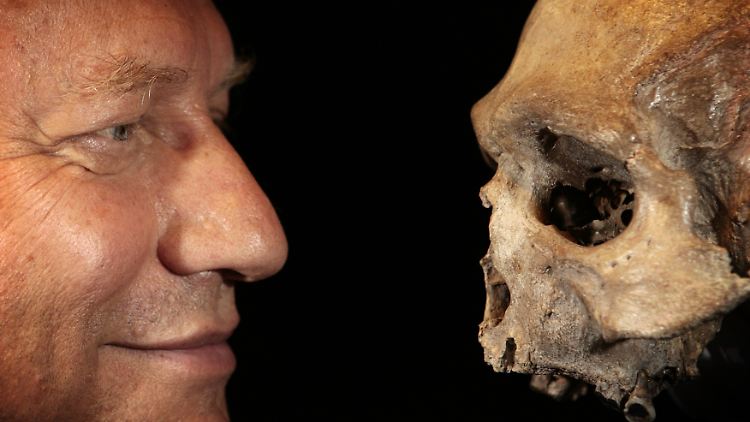 Auge in Auge mit einem männlichen Eiszeitmenschen - das Skelett ist im LVR-LandesMuseum Bonn ausgestellt.