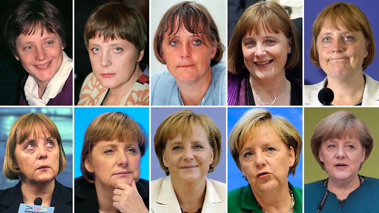 Angela Merkel im optischen Jahresvergleich. Obere Reihe: 1991, 1994, 1997, 1999, 2000. Untere Reihe: 2001, 2003, 2009, 2010, 2013.