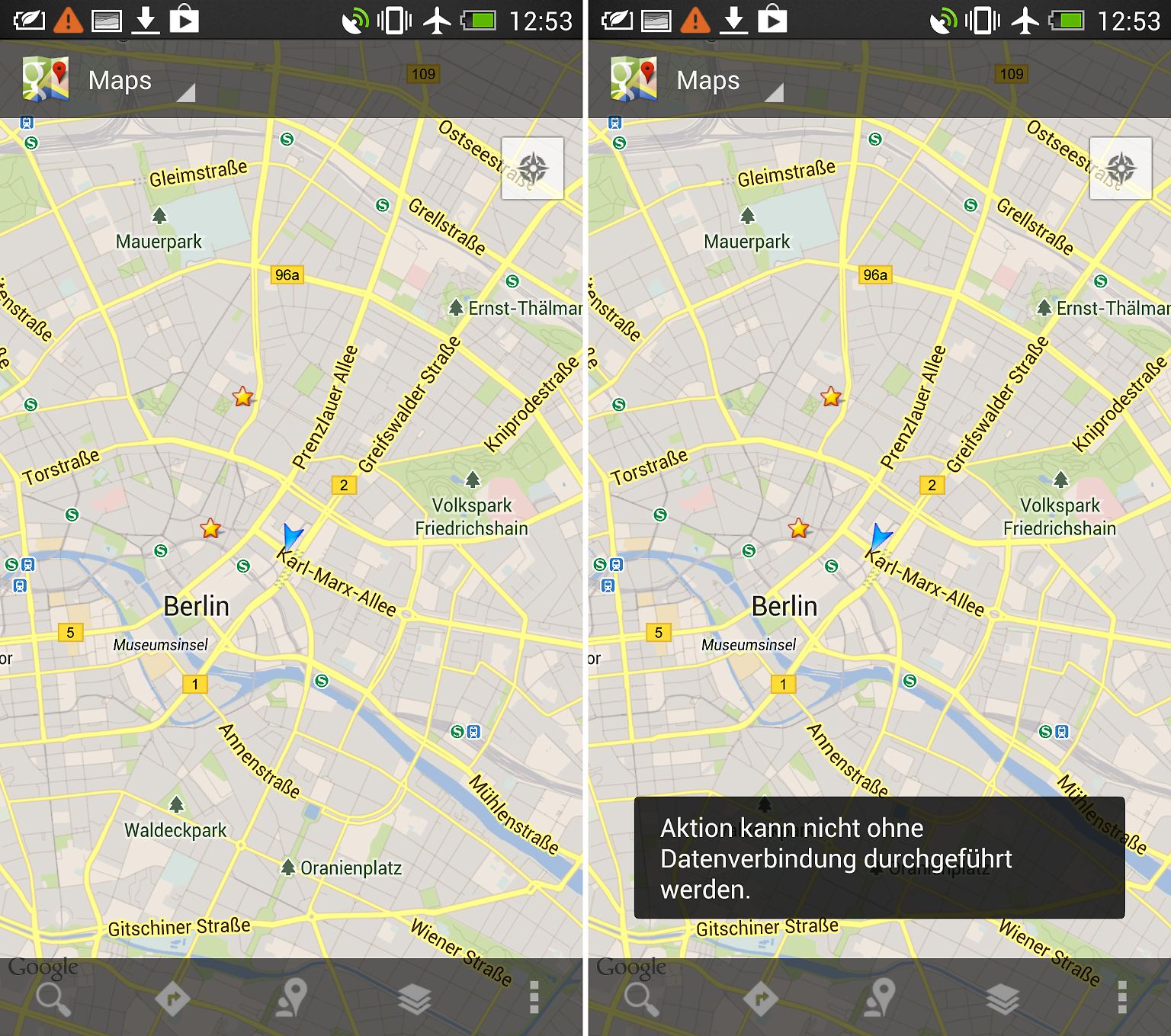 Auf Android-Geräten kann man in Google Maps Kartenausschnitte für den Offline-Gebrauch speichern, aber Routenplanung und Navigation sind so nicht möglich.