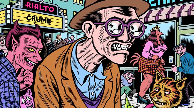 Robert Crumb - wie ihn US-Zeichner Charles Burns sieht. Es handelt sich um das Cover des besprochenen Bandes "A Tribute to Crumb".