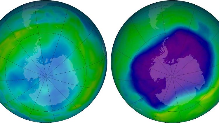 Das Ozonloch über der Antarktis am 24.9.2006 (r) und am 9.6.2013. Die blauen und violetten Farben zeigen an, dass die Ozonschicht dünn ist, die gelben, grünen und roten weisen auf mehr Ozon hin.